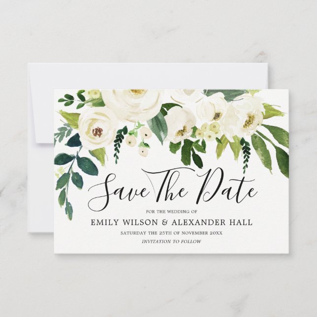 Beautiful Blooming White Floral Save The Date (Front)