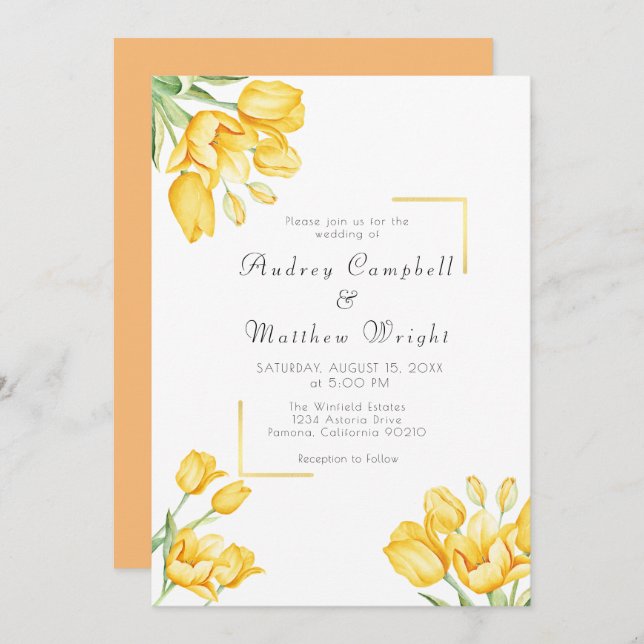 Beautiful Blooming Yellow Tulip Wedding Invitation (Front/Back)