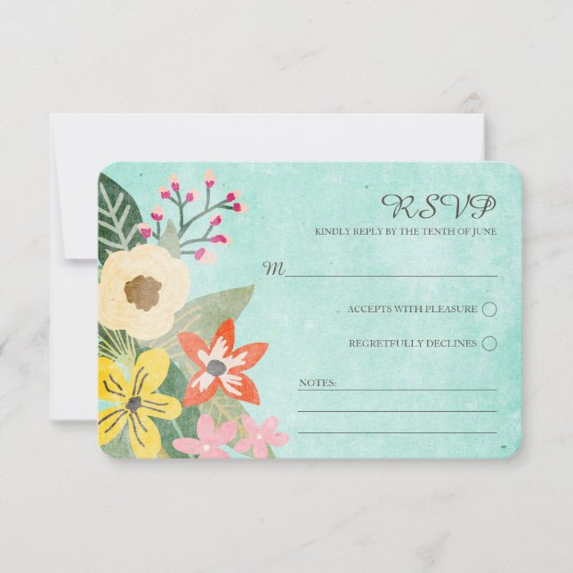 Beautiful Blooms Watercolor Floral RSVP / Aqua Card (Front)