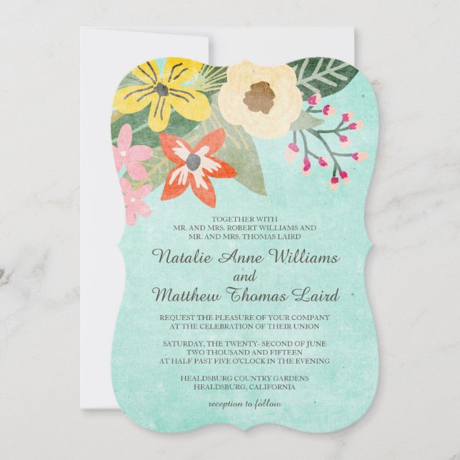 Beautiful Blooms Watercolor Floral Wedding / Aqua Invitation (Front)