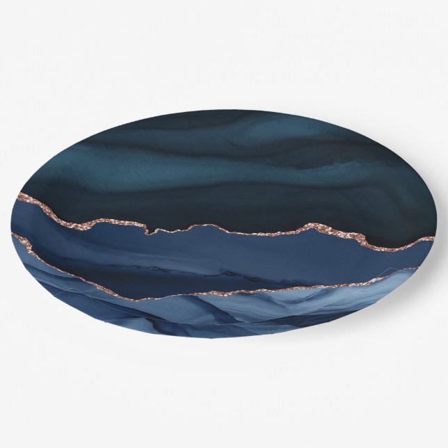 Beautiful blue agate pattern post-quarantine party paper plate (Angled)