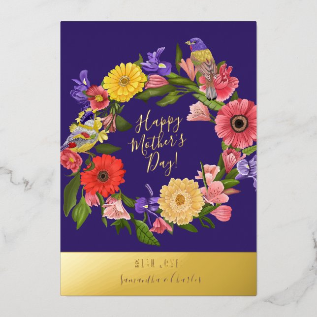 Beautiful Blue and Gold Floral Mother's Day  Foil  Foil Holiday Card (Front)