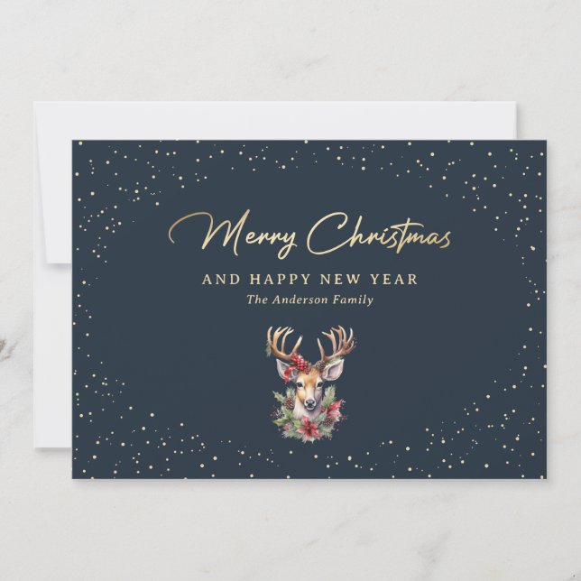 Beautiful Blue and Gold Snow Reindeer Christmas Holiday Card (Front)
