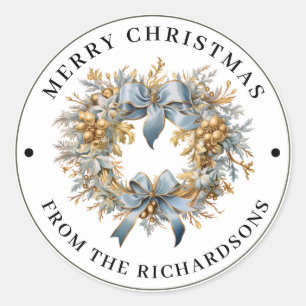 Beautiful Blue and Gold Wreath Merry Christmas Classic Round Sticker