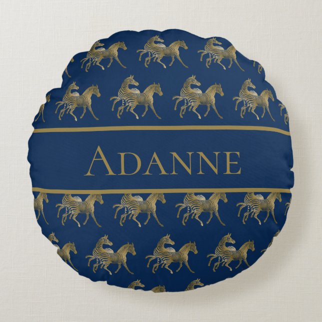 Beautiful Blue and Gold Zebra Print Round Cushion (Front)