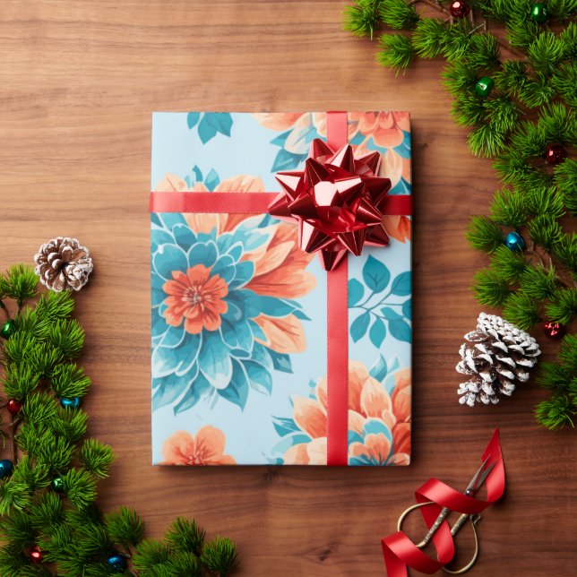 Beautiful blue and orange illustration Flowers Wrapping Paper (Holiday Gift)