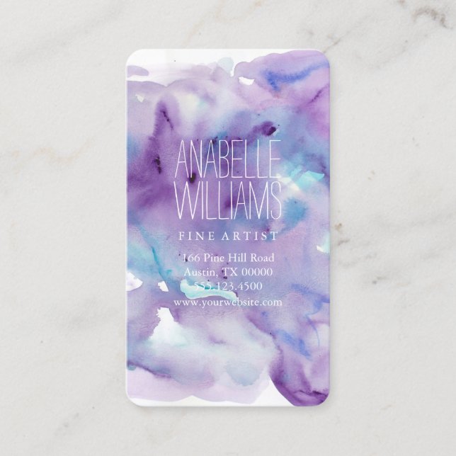 Beautiful Blue and Purple Watercolor Business Card (Front)