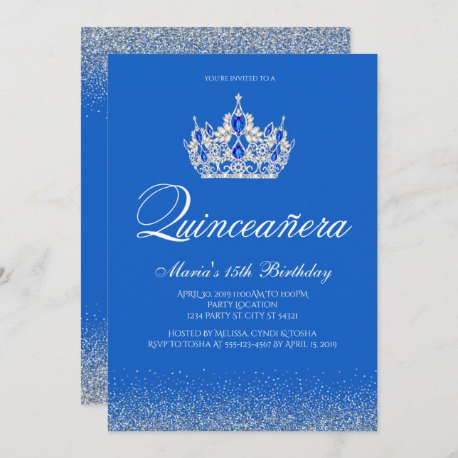 Beautiful Blue and Silver Quinceanera Invitations (Front/Back)