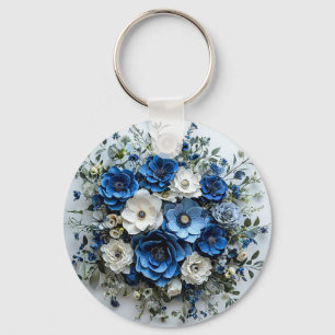 Beautiful Blue and White Floral Arrangement Key Ring