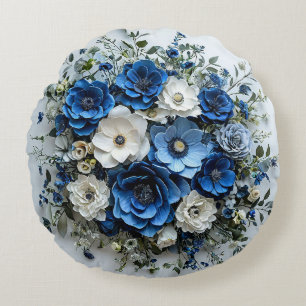 Beautiful Blue and White Floral Arrangement Round Cushion