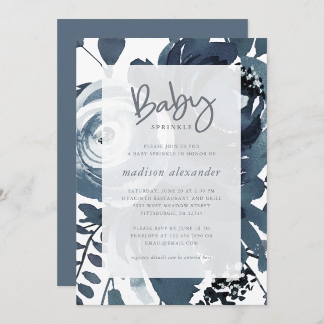 Beautiful Blue and White Floral Baby Sprinkle Invitation (Front/Back)