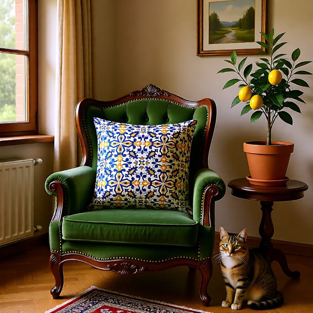 💙💛 Beautiful blue and yellow Azulejos,   Cushion (💙💛 Beautiful blue and yellow Azulejos, Throw Pillow)