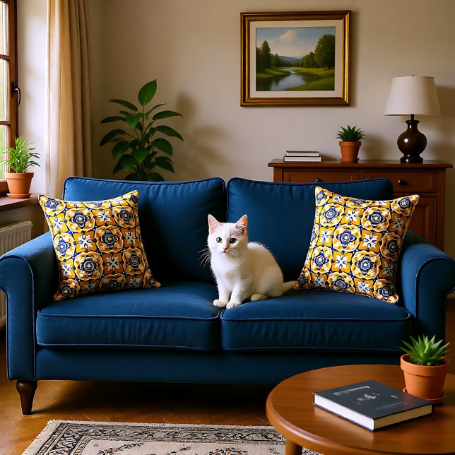 💙🤍💛 Beautiful blue and yellow Azulejos Cushion (Beautiful blue and yellow Azulejos Throw Pillow)