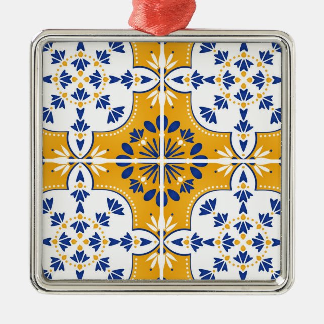 Beautiful Blue and yellow Portuguese Azulejo Metal Ornament (Front)