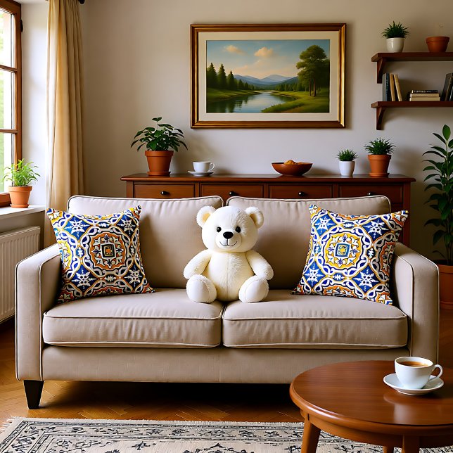 💙 Beautiful blue Azulejos IV medium tile Cushion (Beautiful blue Azulejos IV medium tile Throw Pillow)