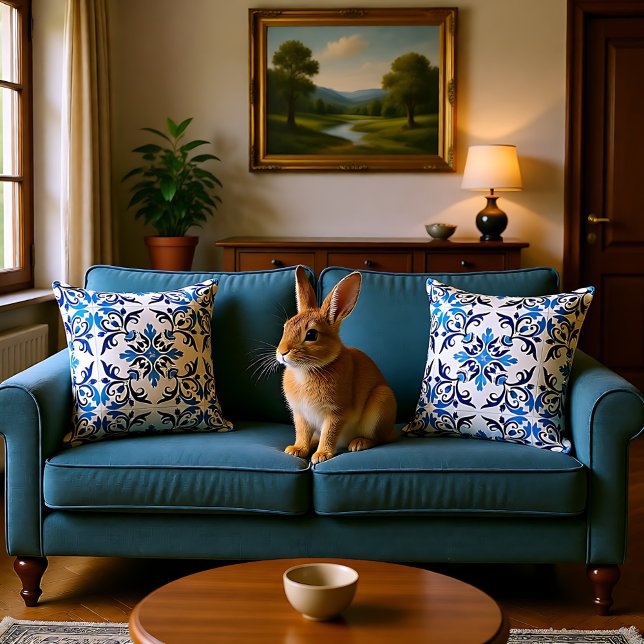 💙 Beautiful blue Azulejos, Medium tile size Cushion (💙 Beautiful blue Azulejos, Medium tile size Throw Pillow)