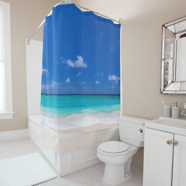 Beautiful Blue Beach Sand Sea Nautical Shower Curtain (In Situ)
