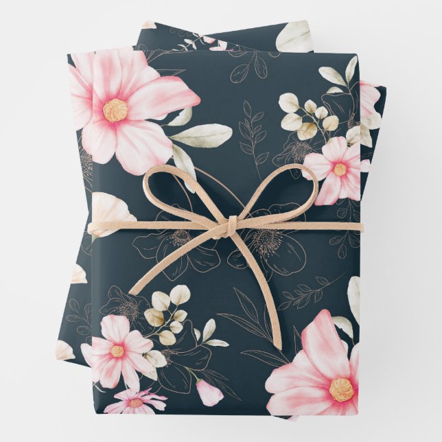 Beautiful Blue Blush Floral Pattern Wrapping Paper Sheet (In situ)