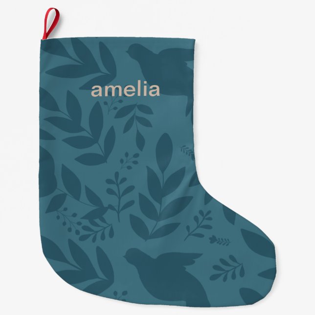 Beautiful Blue Botanical Print with Name Large Christmas Stocking (Front)