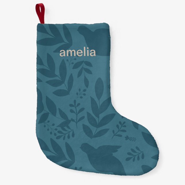 Beautiful Blue Botanical Print with Name Small Christmas Stocking (Front)