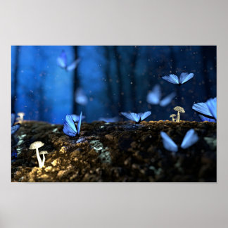 Beautiful Blue Butterflies in Forest Poster
