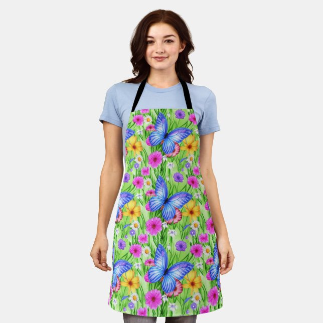 Beautiful Blue Butterfly with flowers Watercolor  Apron (Worn)