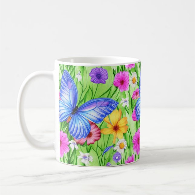 Beautiful Blue Butterfly with flowers Watercolor  Coffee Mug (Left)
