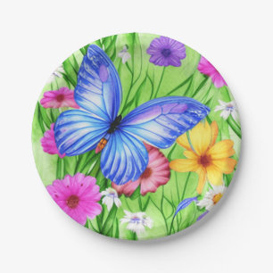 Beautiful Blue Butterfly with flowers Watercolor  Paper Plate