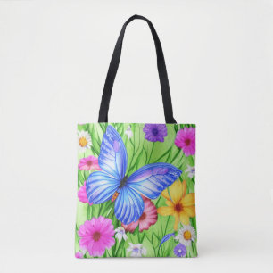 Beautiful Blue Butterfly with flowers Watercolor  Tote Bag