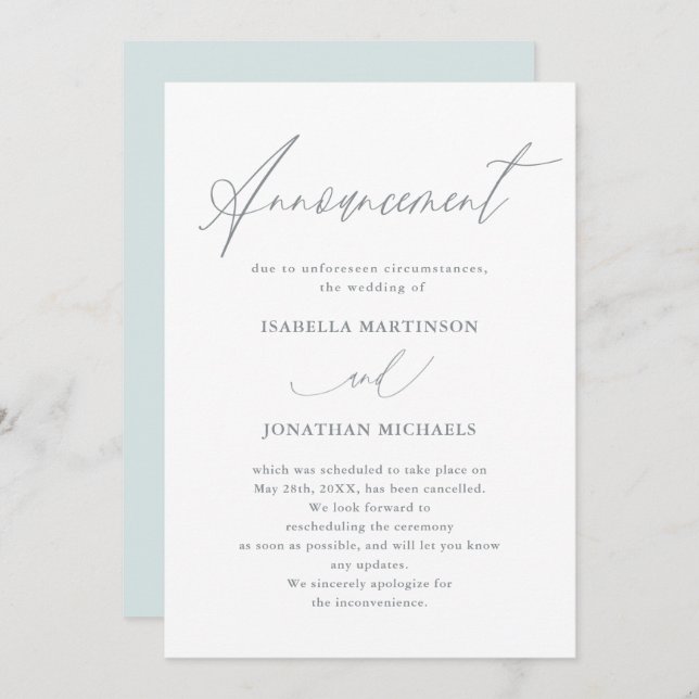 Beautiful Blue Calligraphy Wedding Cancellation Invitation (Front/Back)