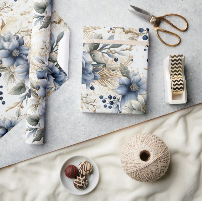 Beautiful Blue Christmas Baubles Xmas Flowers Wrapping Paper (Crafts)