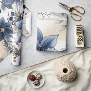 Beautiful Blue Christmas, Berries, Floral Wrapping Paper