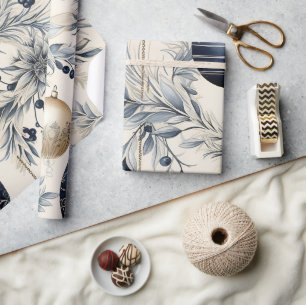 Beautiful Blue Christmas Floral Baubles Wrapping Paper