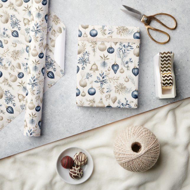 Beautiful Blue Christmas Floral Baubles Wrapping Paper (Crafts)