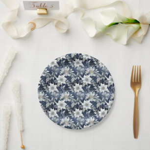Beautiful Blue Christmas Floral Paper Plate
