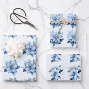 Beautiful Blue Christmas Flowers Wrapping Paper Sheet