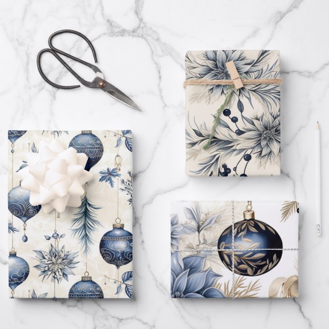 Beautiful Blue Christmas Mix Wrapping Paper Sheet (Front)