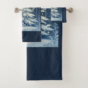 Beautiful Blue Christmas Yule Tree Snow And Stars Bath Towel Set