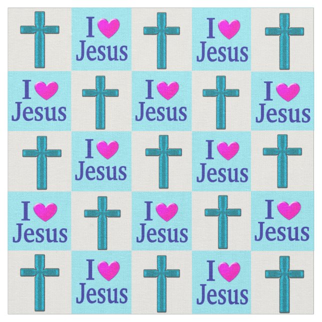 BEAUTIFUL BLUE CROSS I LOVE JESUS FABRIC (Close Up)