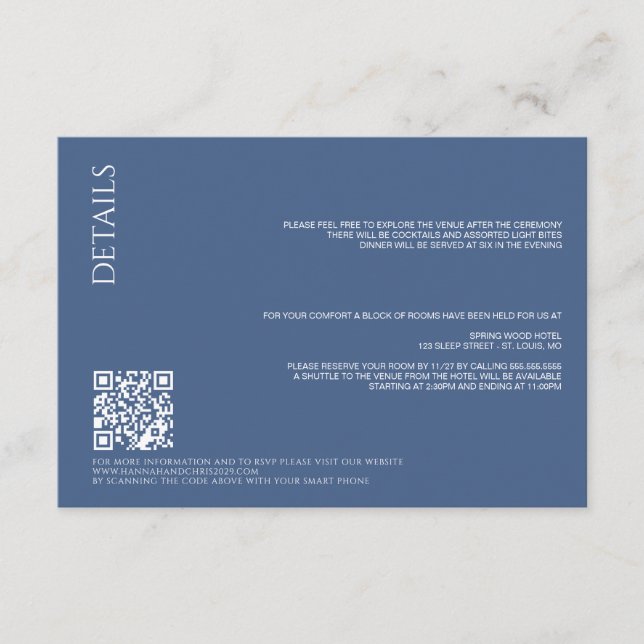 Beautiful Blue Details with QR Code Wedding Enclosure Card (Front)