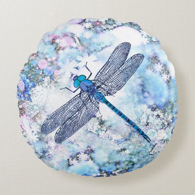 Beautiful Blue Dragonfly Round Cushion (Front)