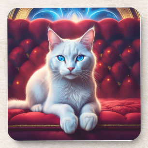 Beautiful Blue Eyed Albino Cat On Exotic Red Sofa Coaster