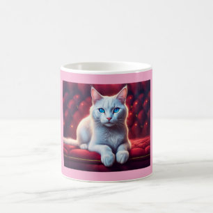 Beautiful Blue Eyed Albino Cat On Exotic Red Sofa Coffee Mug