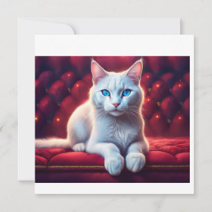 Beautiful Blue Eyed Albino Cat On Exotic Red Sofa Invitation