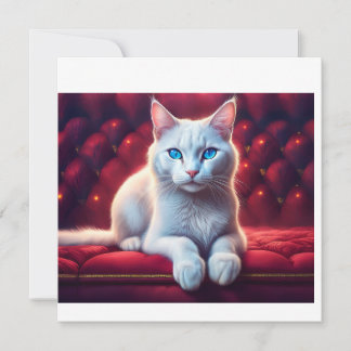 Beautiful Blue Eyed Albino Cat On Exotic Red Sofa Invitation
