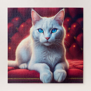 Beautiful Blue Eyed Albino Cat On Exotic Red Sofa Jigsaw Puzzle
