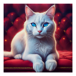 Beautiful Blue Eyed Albino Cat On Exotic Red Sofa Poster