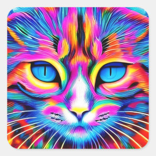 Beautiful Blue Eyed Colourful Ai Generated Cat Square Sticker