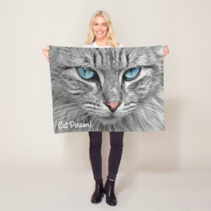 Beautiful Blue Eyed Grey and White Cat Fleece Blanket