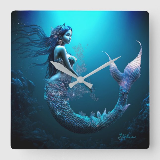  Beautiful Blue Fantasy Mermaid Square Wall Clock (Front)